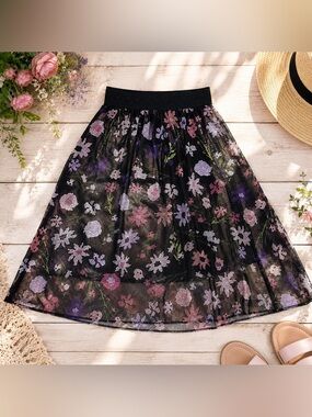 LuLaRoe Lola Skirt S Black Floral Sheer Midi A-Line Lined